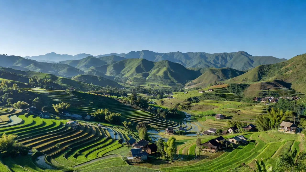 Khung cảnh huyện Đồng Xuân, Phú Yên với núi non xanh, đồng ruộng và nhà dân, vẻ đẹp thiên nhiên.