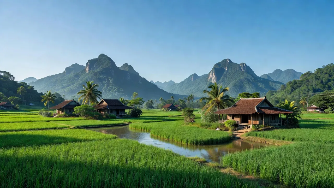 Phong cảnh xã Đa Lộc, huyện Đồng Xuân, Phú Yên với cánh đồng xanh và núi non hùng vĩ.