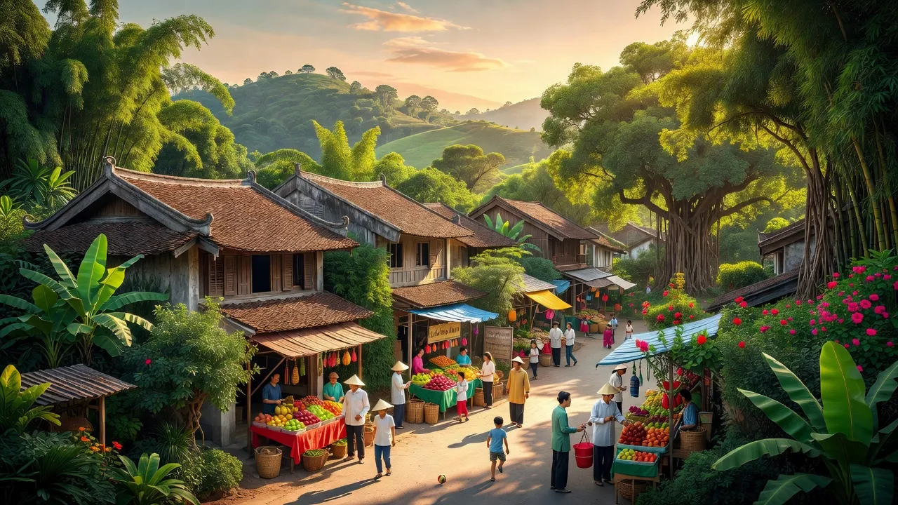 Khung cảnh thị trấn La Hai, huyện Đồng Xuân với cuộc sống sôi động và kiến trúc truyền thống.