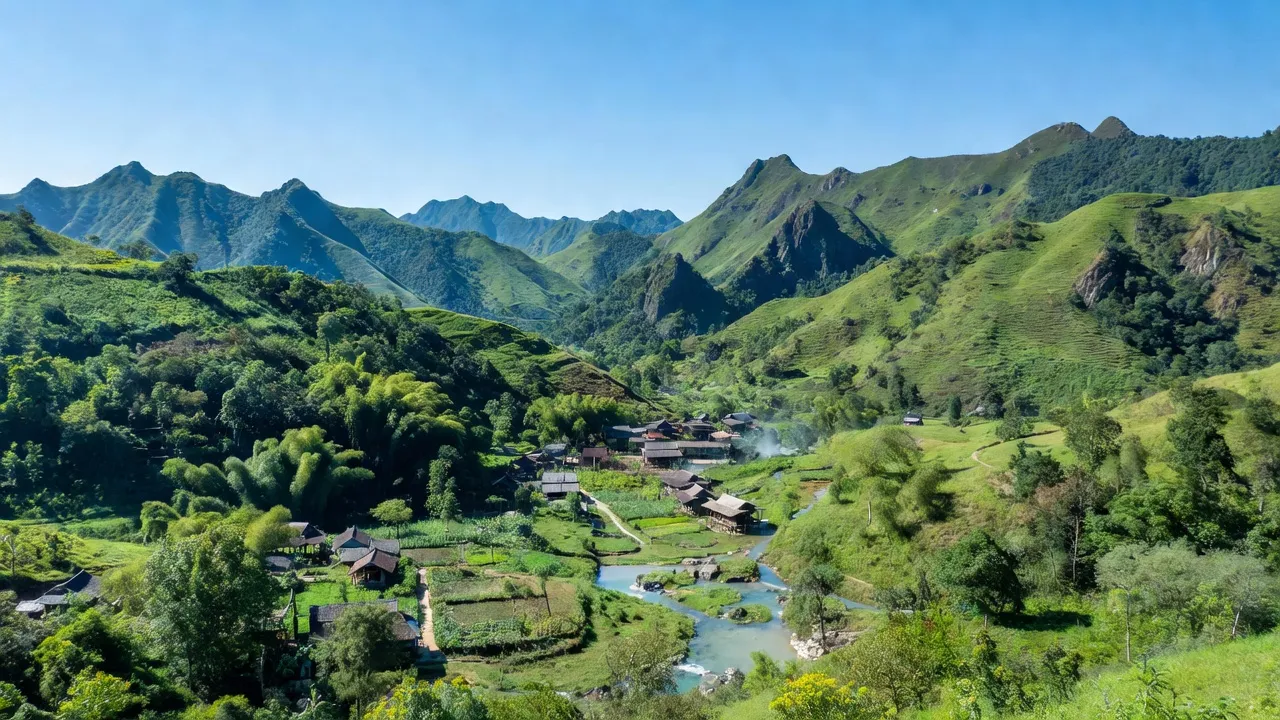 Cảnh quan đồi núi tại xã Phú Mỡ, huyện Đồng Xuân, tỉnh Phú Yên với suối khoáng tự nhiên.