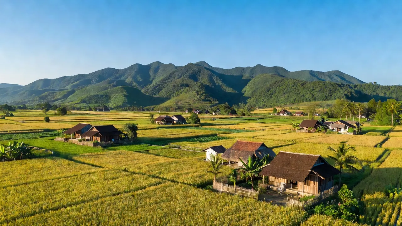 Khung cảnh xã Xuân Long, huyện Đồng Xuân, tỉnh Phú Yên với núi xanh và ruộng đồng.