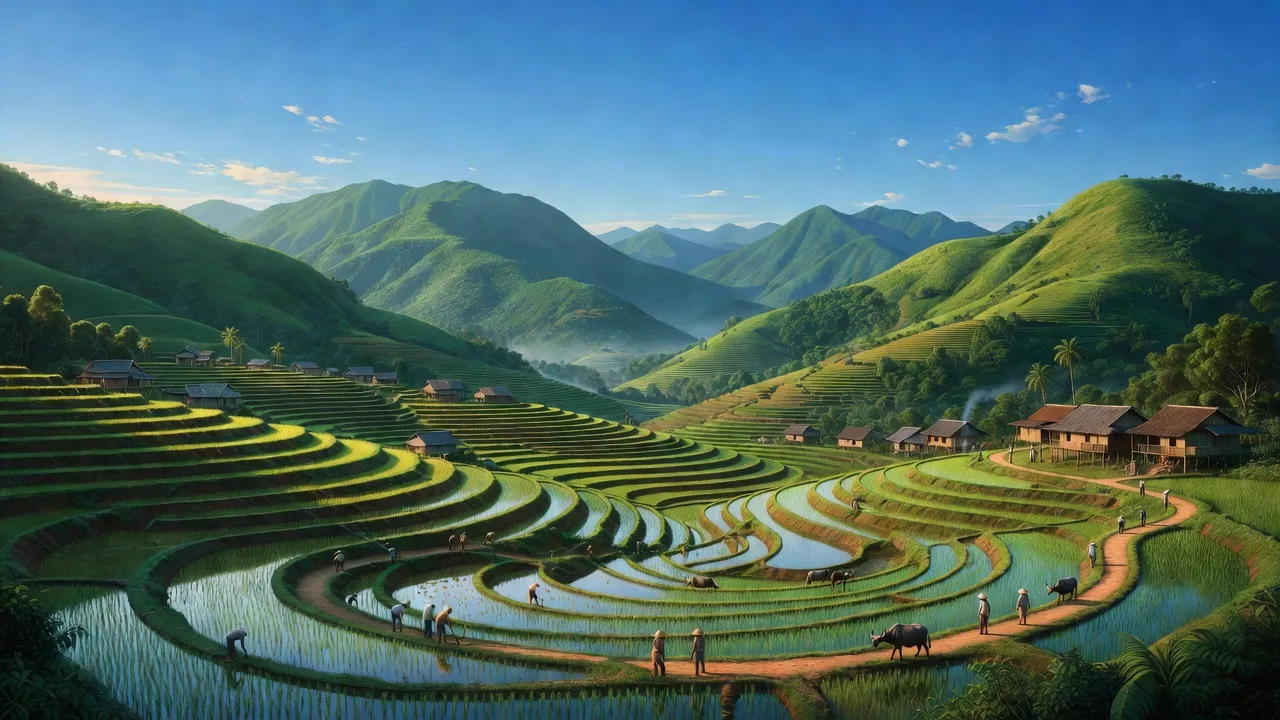 Phong cảnh xã Xuân Phước, huyện Đồng Xuân, tỉnh Phú Yên với núi non và ruộng bậc thang.