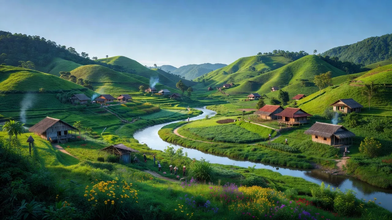 Khung cảnh thanh bình của xã Xuân Quang 1, huyện Đồng Xuân, tỉnh Phú Yên với đồi núi và sông nước.