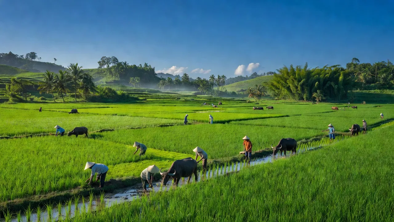 Cảnh nông thôn Xã Xuân Quang 2, Đồng Xuân, Phú Yên, với cánh đồng xanh và khí hậu nhiệt đới.