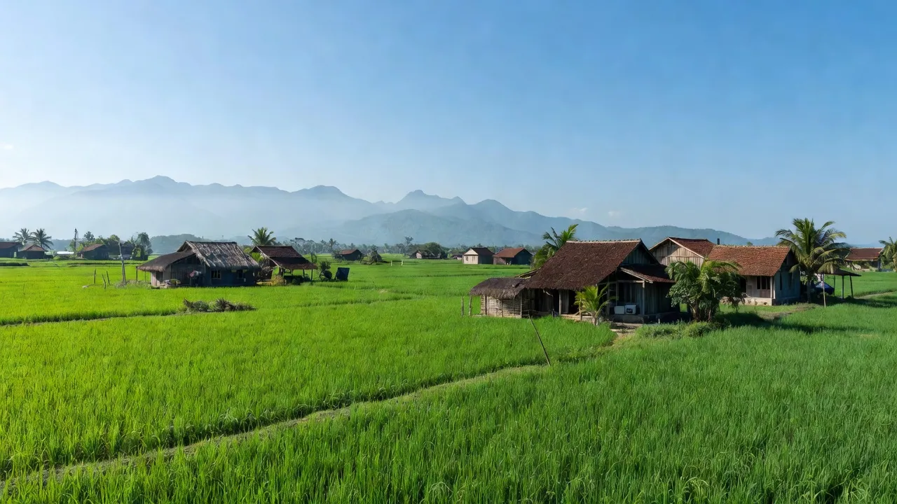 Phong cảnh xã Xuân Quang 2, huyện Đồng Xuân, tỉnh Phú Yên với ruộng xanh và núi sắc nét.