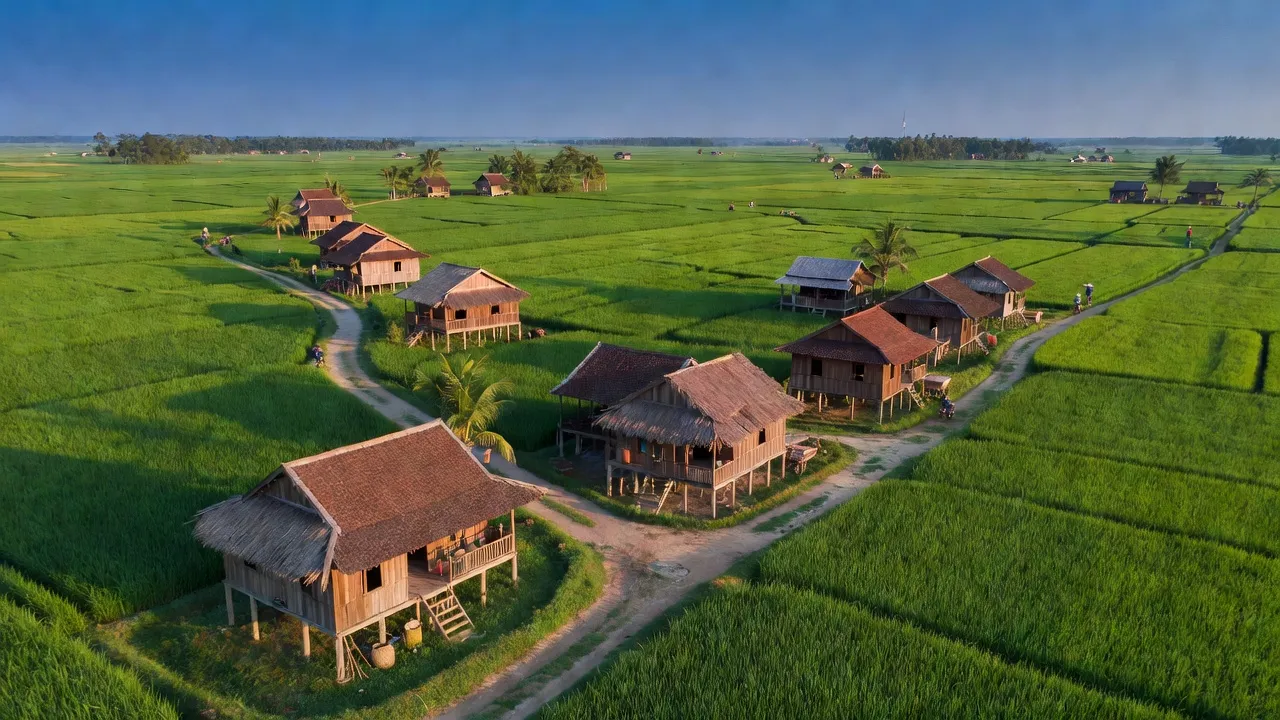 Cảnh làng Xuân Quang 3, Đồng Xuân, Phú Yên với cánh đồng xanh và nhà truyền thống.