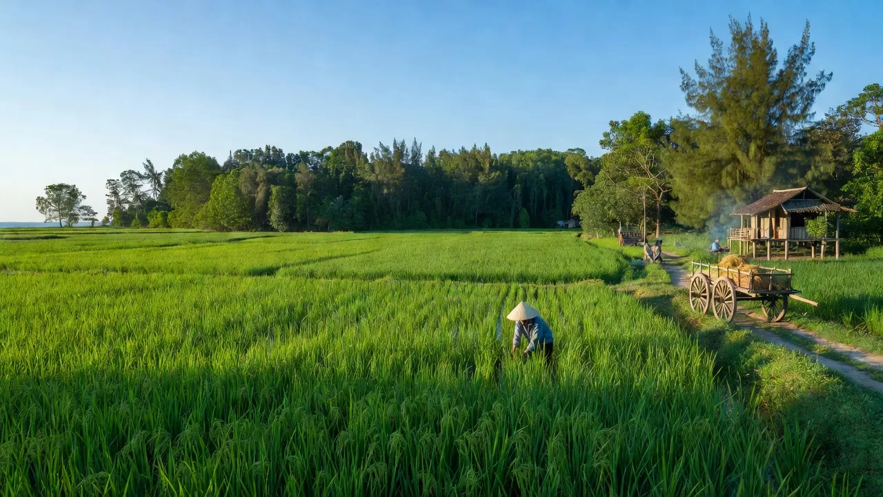 Cảnh nông thôn yên bình tại xã Xuân Sơn Bắc, Đồng Xuân, Phú Yên với cánh đồng xanh và rừng cây.