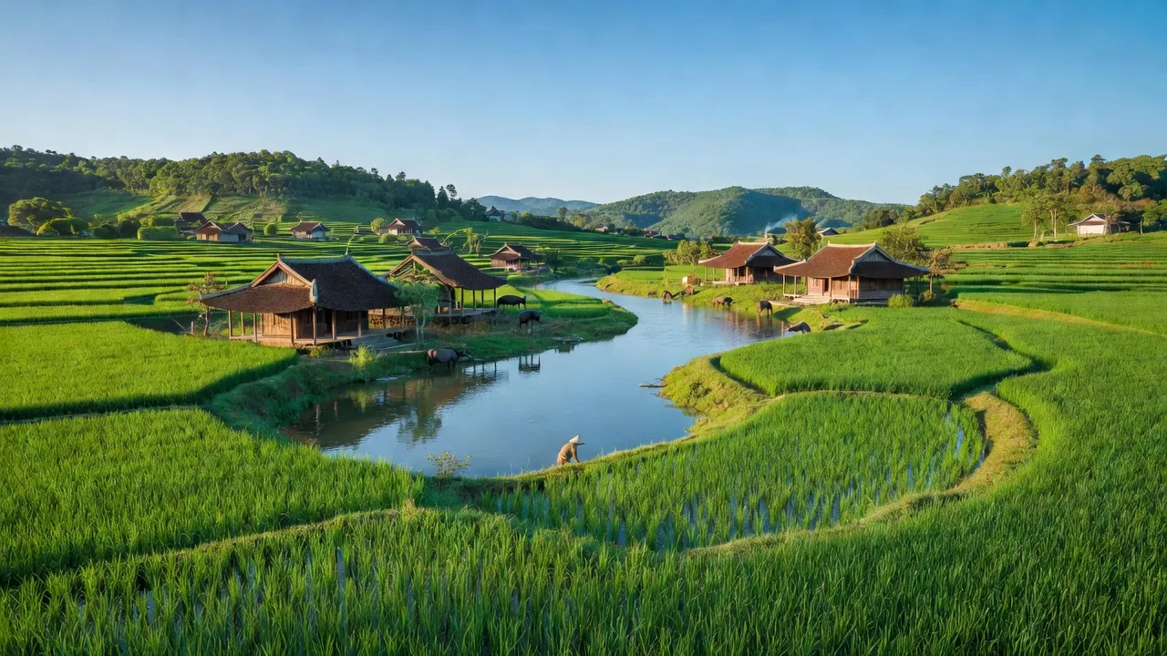 Khung cảnh yên bình xã Xuân Sơn Bắc, huyện Đồng Xuân, tỉnh Phú Yên với ruộng bậc thang xanh mướt.