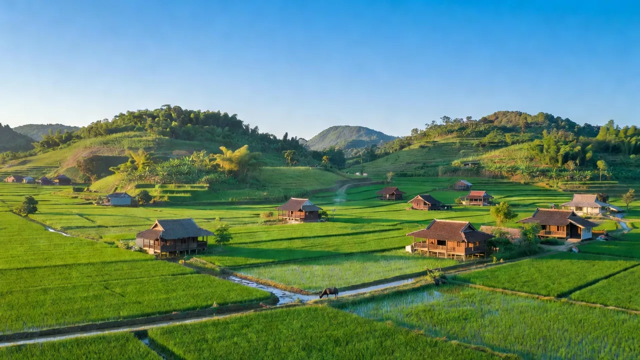 Cảnh đẹp xã Xuân Sơn Nam, huyện Đồng Xuân, tỉnh Phú Yên với đồng xanh và nhà truyền thống.