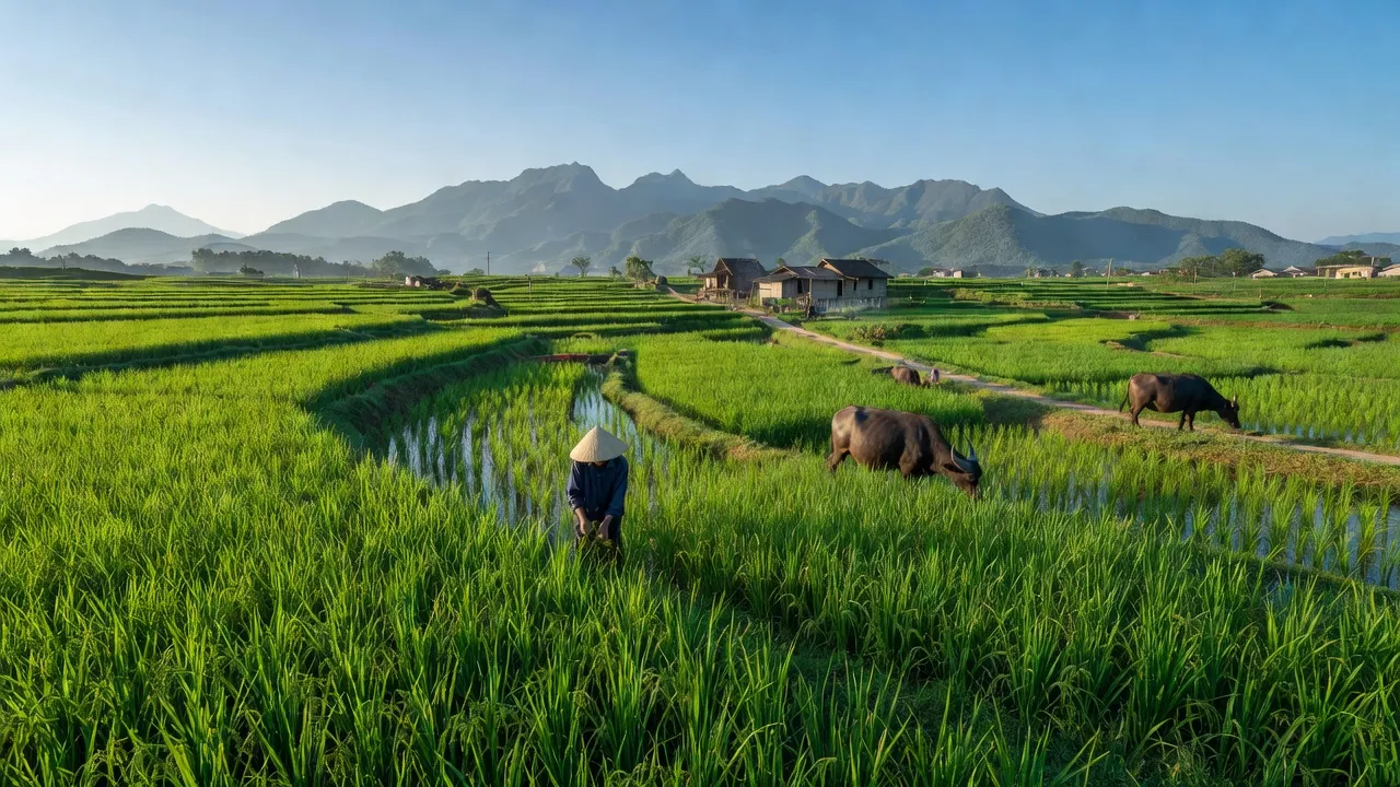 Khung cảnh yên bình ở xã Xuân Sơn Nam, huyện Đồng Xuân, tỉnh Phú Yên với ruộng xanh và trời xanh.