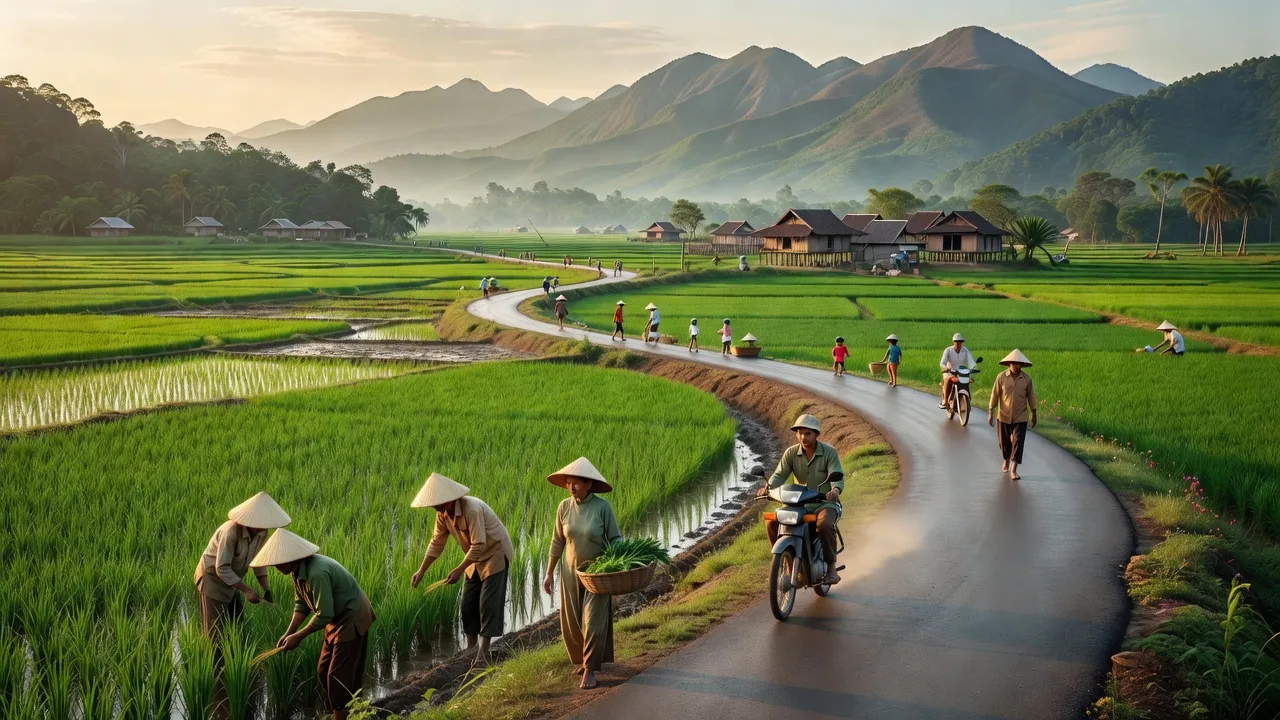 Cảnh quan huyện Phú Hoà, tỉnh Phú Yên với đồng ruộng xanh mướt và núi non hùng vĩ.