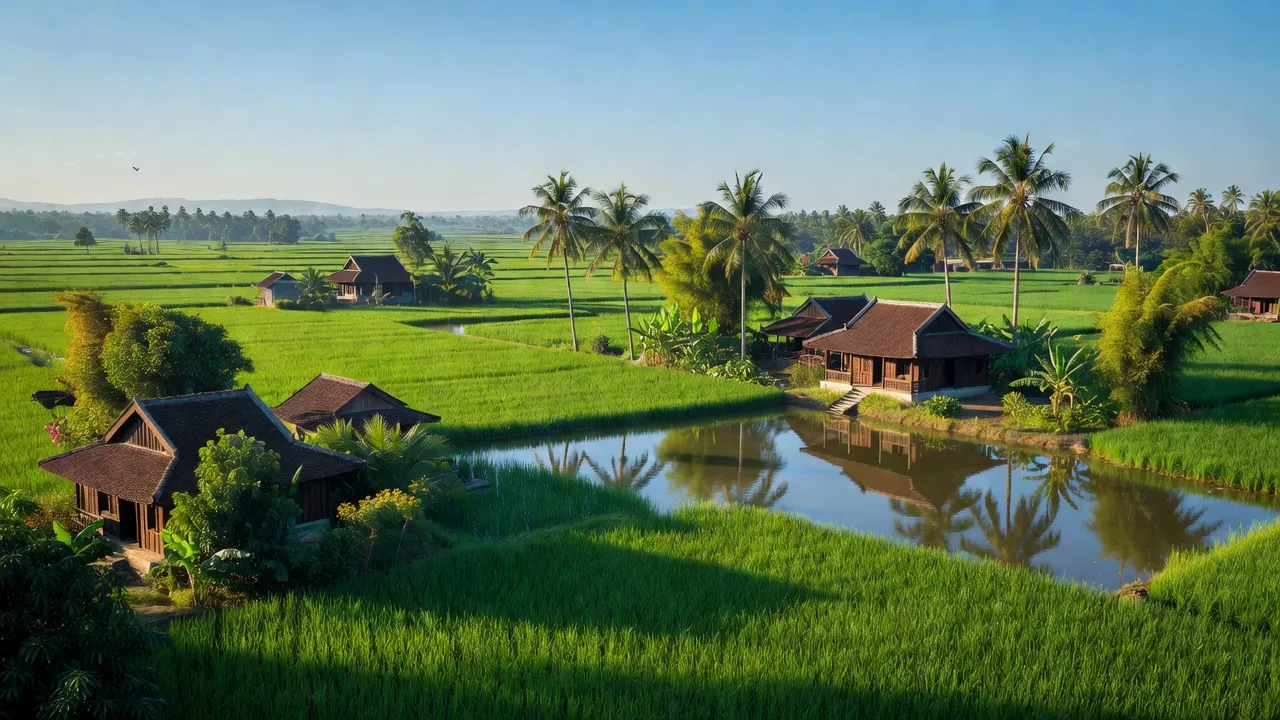 Cảnh cánh đồng xanh tươi và bầu trời trong xanh tại xã Hòa An, huyện Phú Hòa, tỉnh Phú Yên.