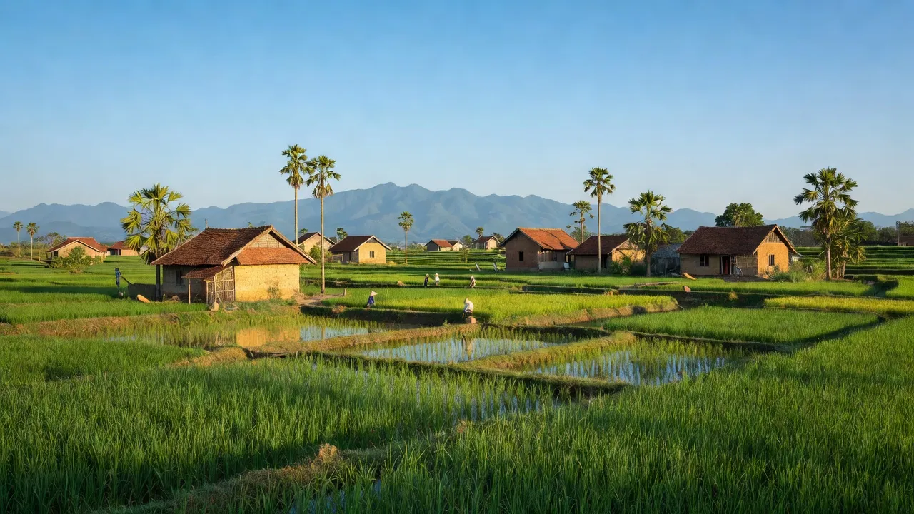 Khung cảnh thơ mộng ở Xã Hòa An, huyện Phú Hòa, tỉnh Phú Yên với ruộng xanh và núi xa.