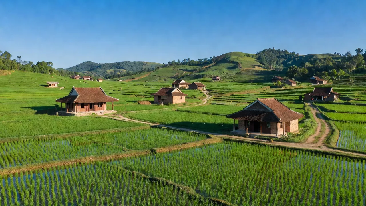 Cảnh đẹp Xã Hòa Định Đông, huyện Phú Hoà, tỉnh Phú Yên với ruộng xanh và nhà truyền thống.