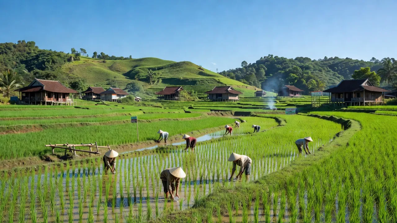 Cảnh đồng quê Xã Hòa Định Tây, huyện Phú Hòa, tỉnh Phú Yên với ruộng lúa xanh, bầu trời trong xanh.