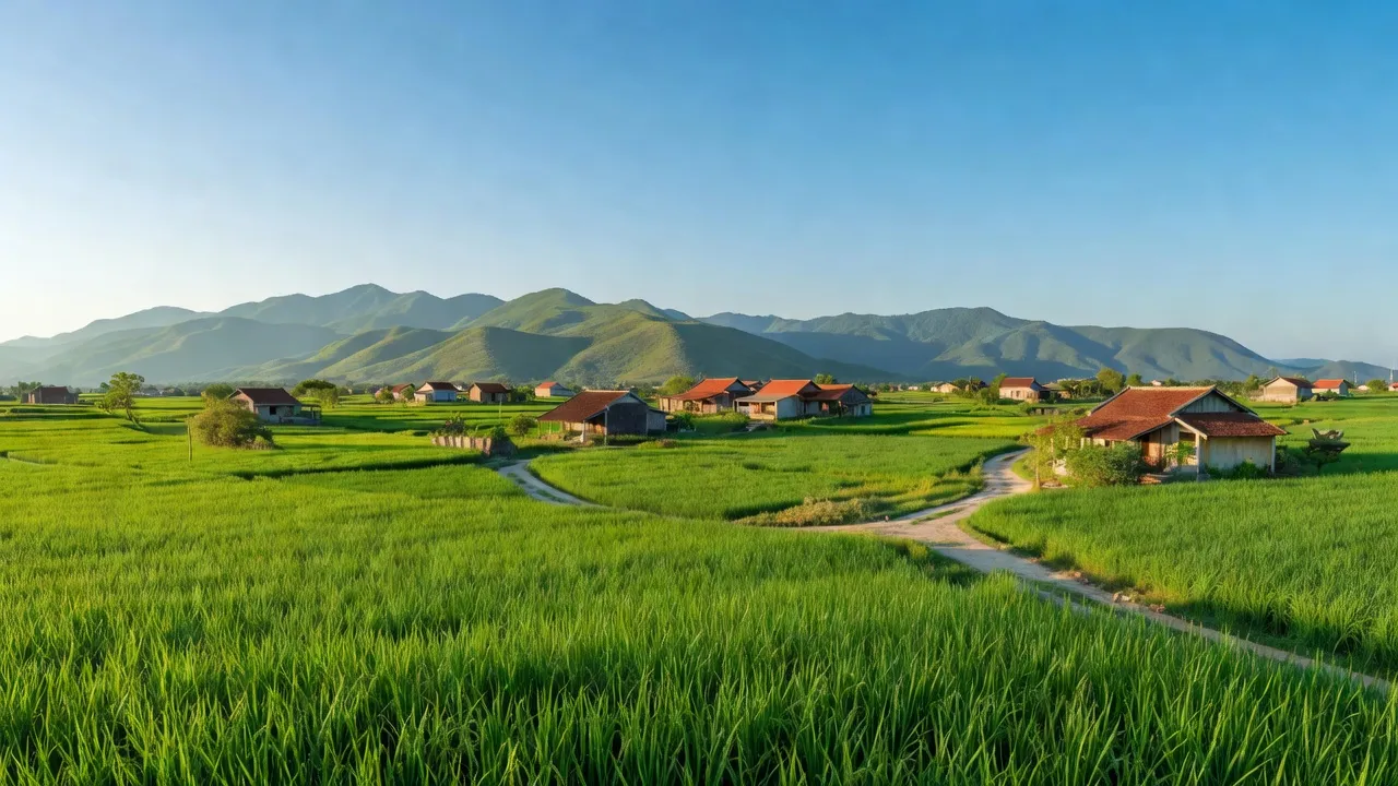 Cảnh quan Xã Hòa Hội, huyện Phú Hoà, tỉnh Phú Yên với cánh đồng và làng quê xanh tươi.