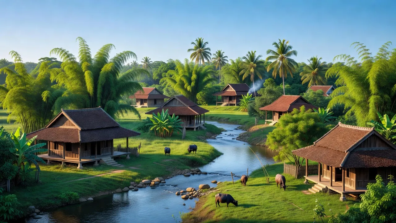 Cảnh quan Xã Hòa Hội ở Huyện Phú Hoà, Tỉnh Phú Yên với cây xanh và nhà truyền thống.