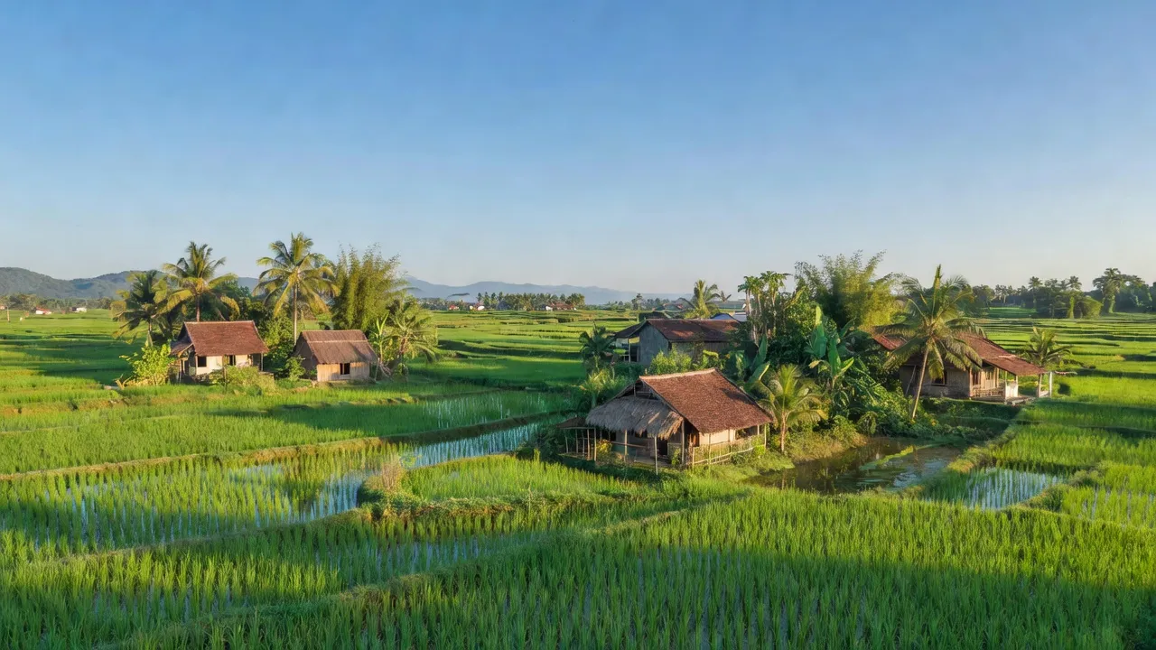Cảnh quan nông thôn Xã Hòa Trị, huyện Phú Hòa, tỉnh Phú Yên với những cánh đồng và nhà cửa.