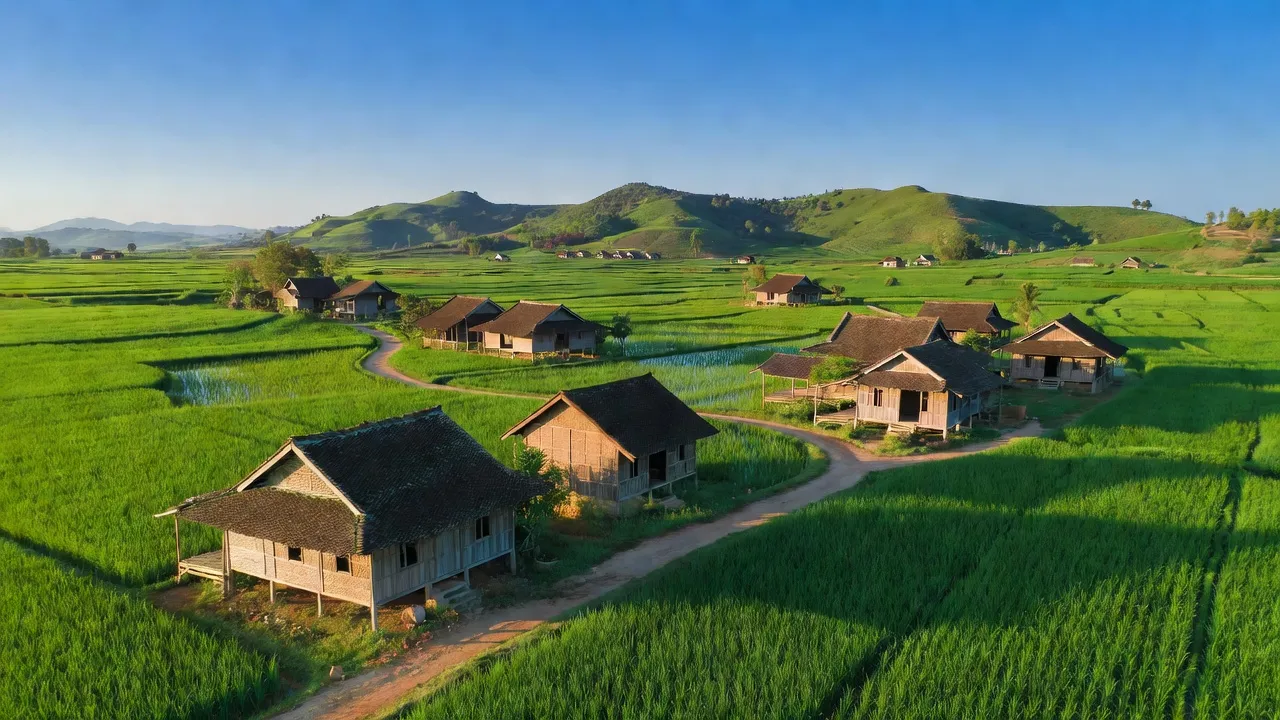 Phong cảnh nông thôn tại xã Hòa Trị, huyện Phú Hòa, tỉnh Phú Yên với cánh đồng xanh tươi.