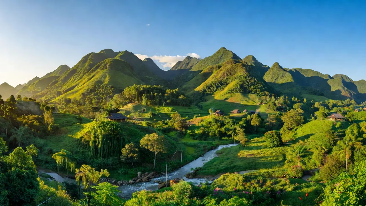 Khung cảnh thiên nhiên huyện Sơn Hòa, Phú Yên với núi non xanh tươi, bầu trời trong xanh.