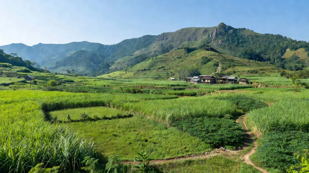 Khung cảnh xã Cà Lúi, huyện Sơn Hòa, tỉnh Phú Yên với cánh đồng mía và mì xanh tốt.
