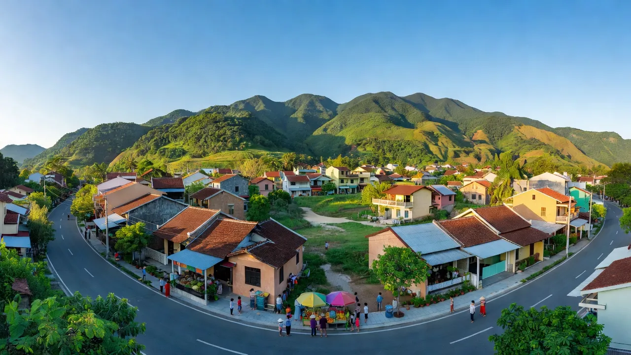 Cảnh quan thị trấn Củng Sơn, huyện Sơn Hòa, tỉnh Phú Yên với núi rừng xanh tươi, đường phố sạch sẽ.