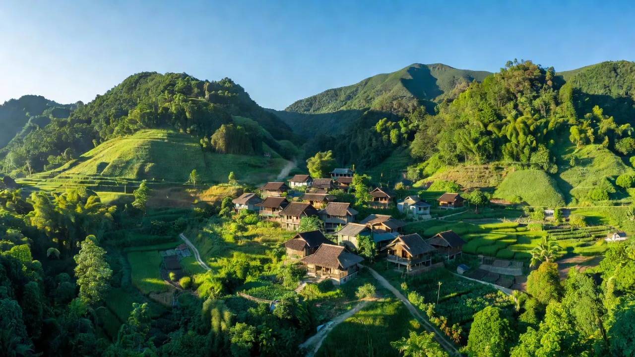Khung cảnh xã Eachà Rang, huyện Sơn Hòa, tỉnh Phú Yên với địa hình núi non và nhà truyền thống.