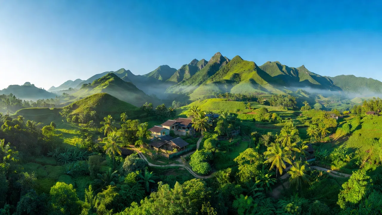 Phong cảnh xã Eachà Rang ở huyện Sơn Hòa, tỉnh Phú Yên với núi non và cây cối xanh tươi.