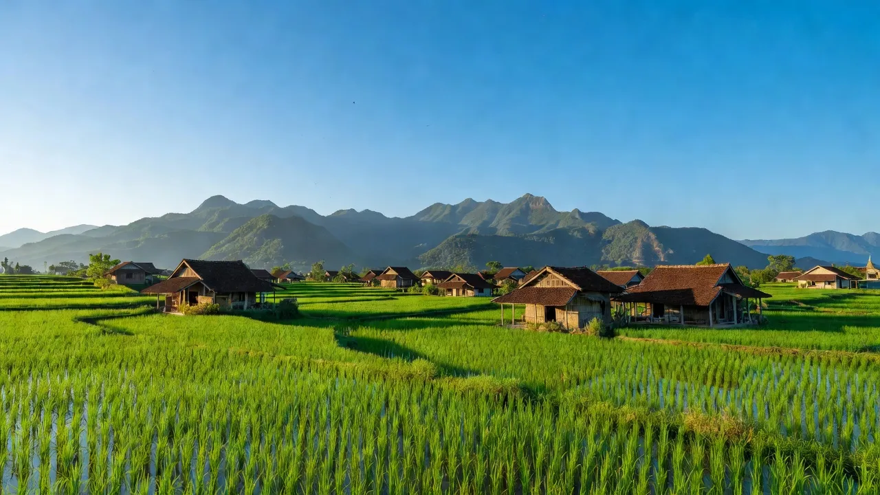 Cảnh đồng lúa xanh tươi ở xã Krông Pa, huyện Sơn Hòa, tỉnh Phú Yên, Việt Nam, với núi non phía sau.