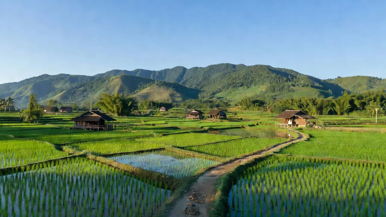 Phong cảnh Xã Phước Tân, Huyện Sơn Hòa với núi xanh, đồng ruộng và nhà truyền thống của người dân.
