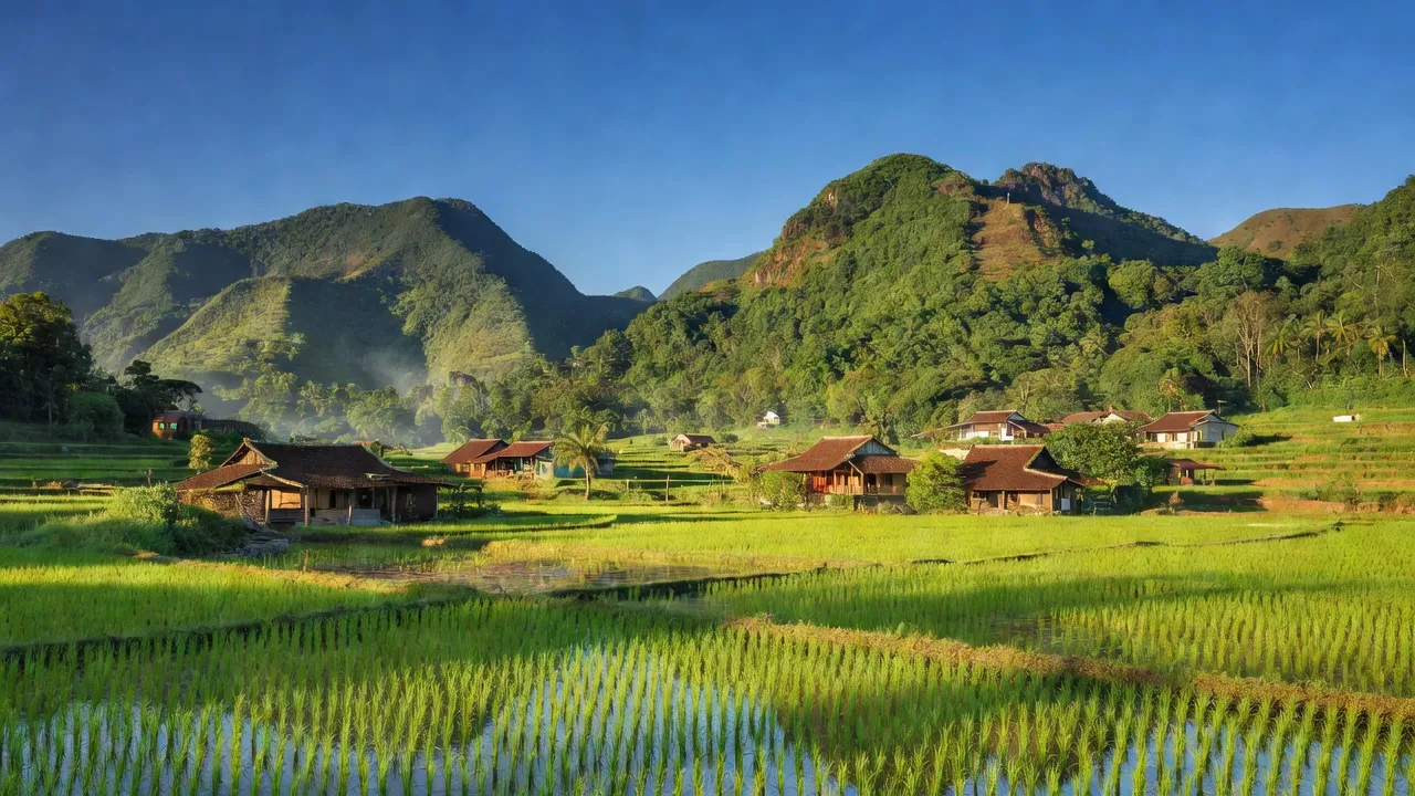Phong cảnh xã Sơn Định, huyện Sơn Hòa, tỉnh Phú Yên với núi xanh và ruộng bậc thang.
