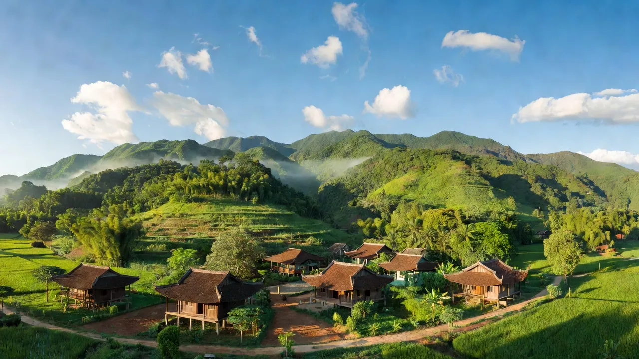 Khung cảnh xã Sơn Long, huyện Sơn Hòa, tỉnh Phú Yên với những ngọn núi xanh và nhà truyền thống.