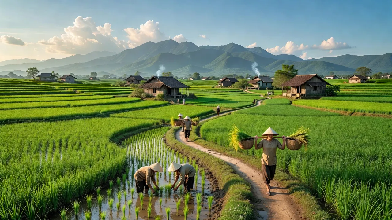 Cảnh đồng quê thân thuộc tại xã Sơn Nguyên, Phú Yên với ruộng lúa xanh và nhà truyền thống.