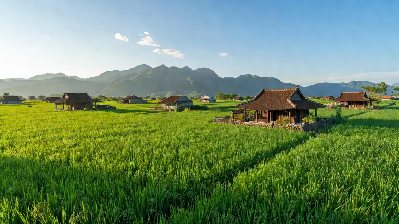 Cảnh quan nông thôn xã Sơn Nguyên, huyện Sơn Hòa, tỉnh Phú Yên với cánh đồng và nhà cửa truyền thống.