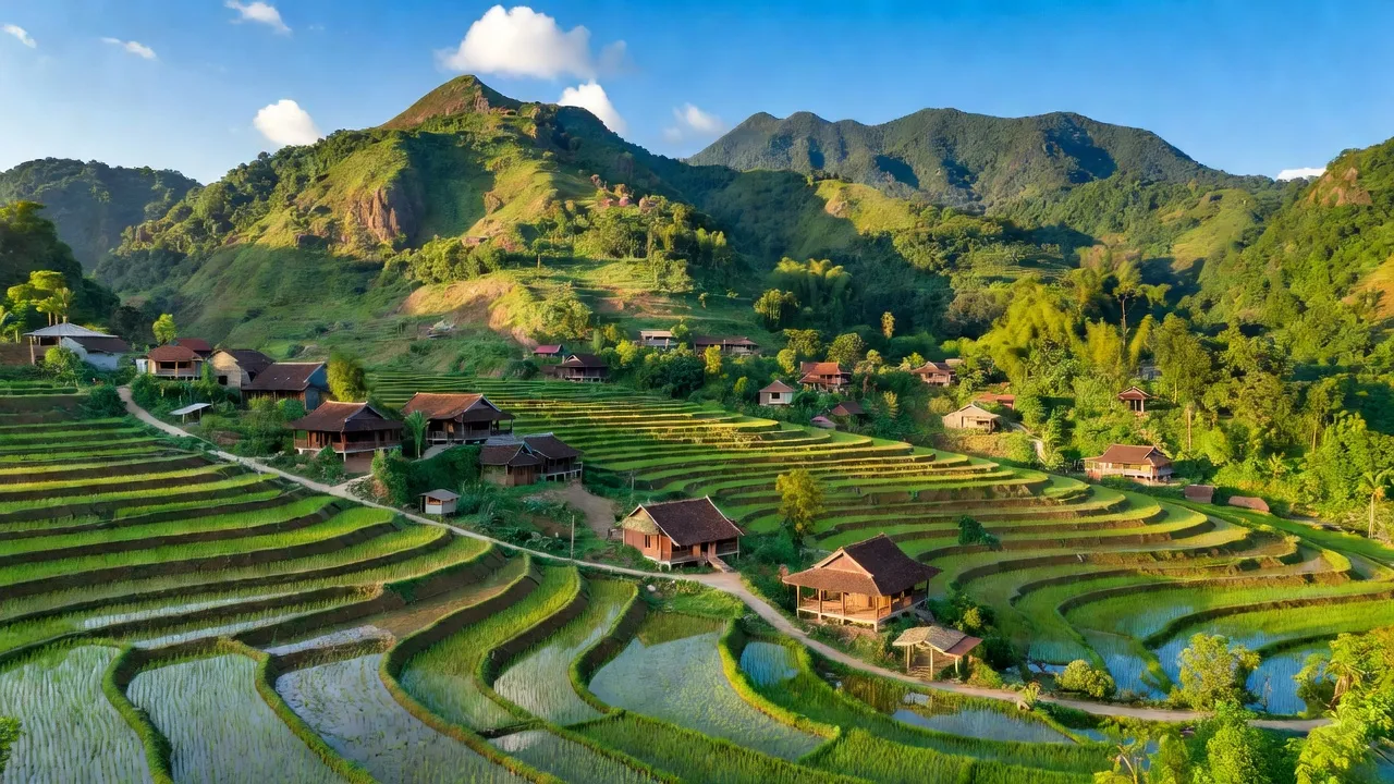 Khung cảnh đẹp của xã Sơn Phước, huyện Sơn Hòa, tỉnh Phú Yên với núi xanh và ruộng bậc thang.