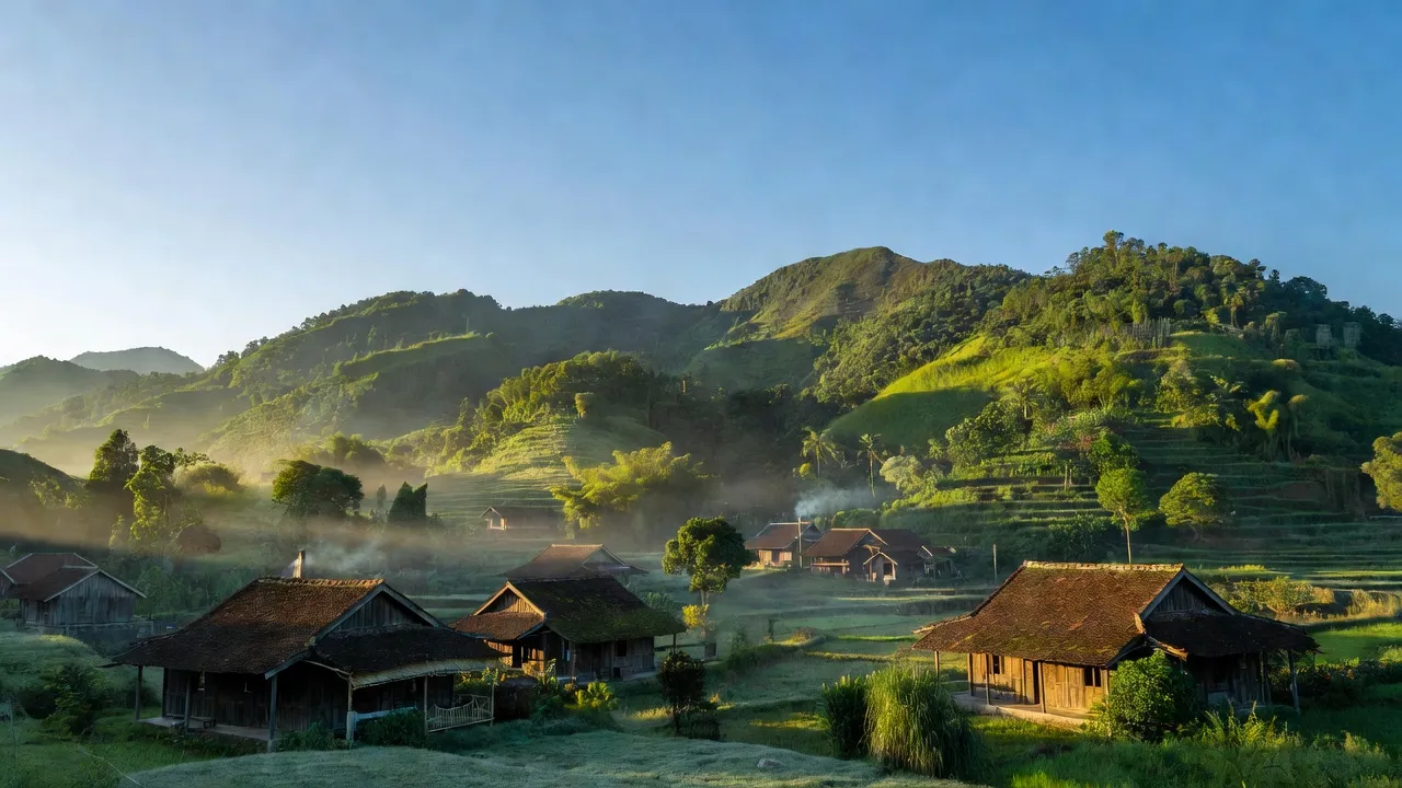 Khung cảnh Sơn Phước, huyện Sơn Hòa, tỉnh Phú Yên với núi non và nhà truyền thống.