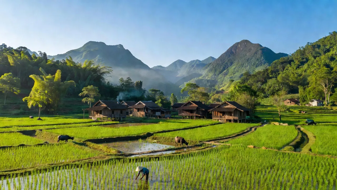 Bản đồ Sơn Xuân, huyện Sơn Hòa với núi non xanh, bầu trời trong và ruộng lúa.