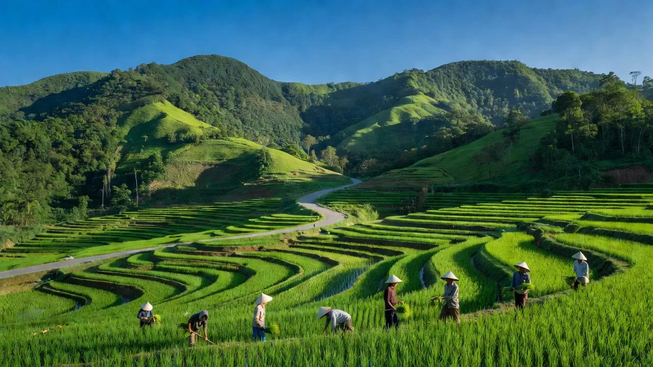 Cảnh đẹp xã Sơn Xuân, huyện Sơn Hòa, tỉnh Phú Yên với núi non, ruộng bậc thang và người nông dân.