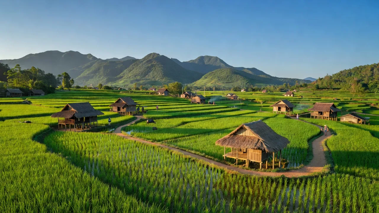 Cảnh quan yên bình xã Suối Bạc, huyện Sơn Hòa, tỉnh Phú Yên với đồng lúa xanh tươi.