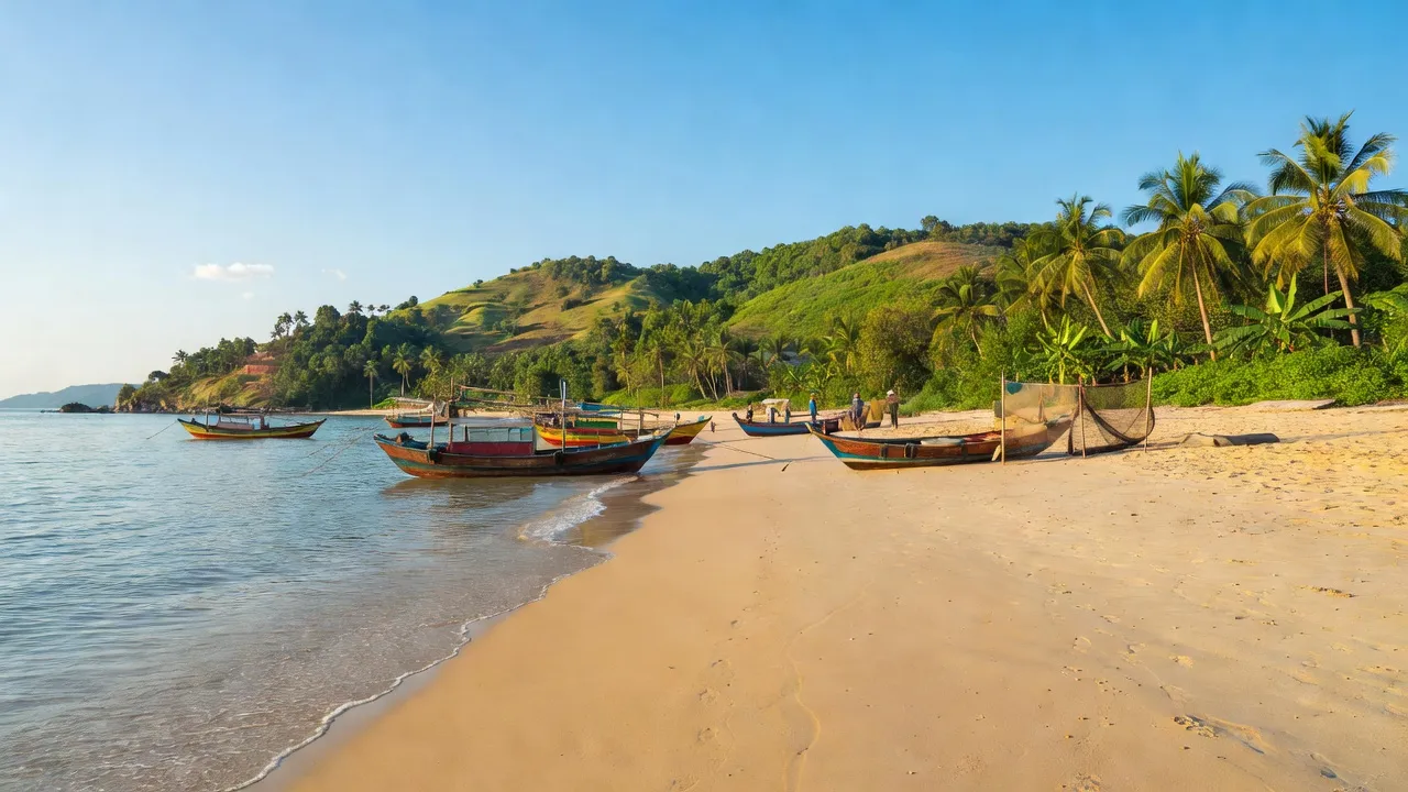 Khung cảnh yên bình tại xã Xuân Bình, Thị xã Sông Cầu, với bãi biển và thuyền đánh cá.
