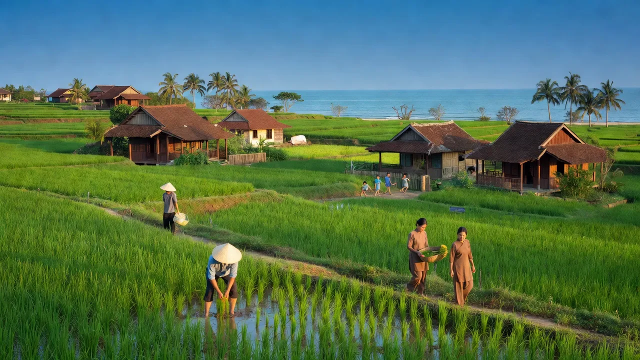 Cảnh đẹp Phường Xuân Đài, Thị xã Sông Cầu với ruộng xanh, nhà truyền thống và bầu trời trong xanh.