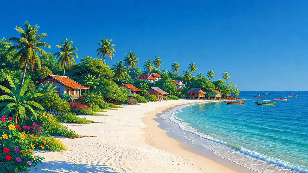 Khung cảnh ven biển Xã Xuân Hải, Thị xã Sông Cầu, Tỉnh Phú Yên với bãi biển và cây xanh.