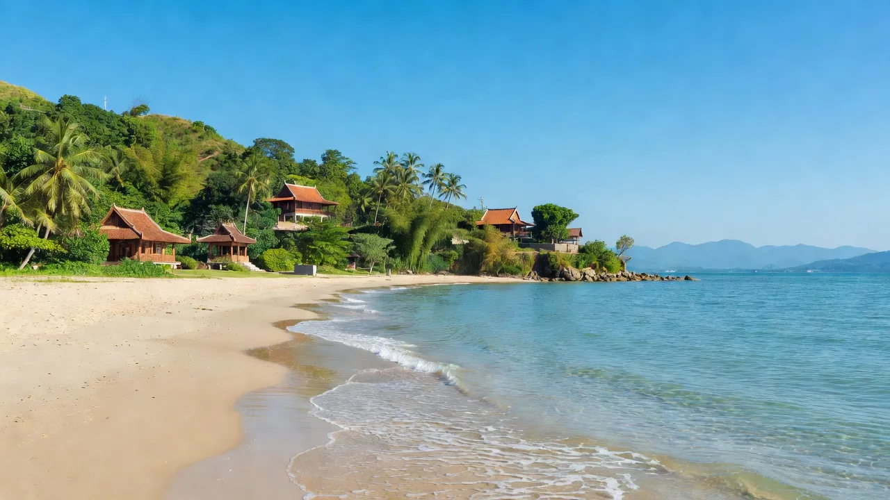 Cảnh biển Xuân Lộc, Sông Cầu, Phú Yên với bầu trời xanh và kiến trúc truyền thống Việt Nam.