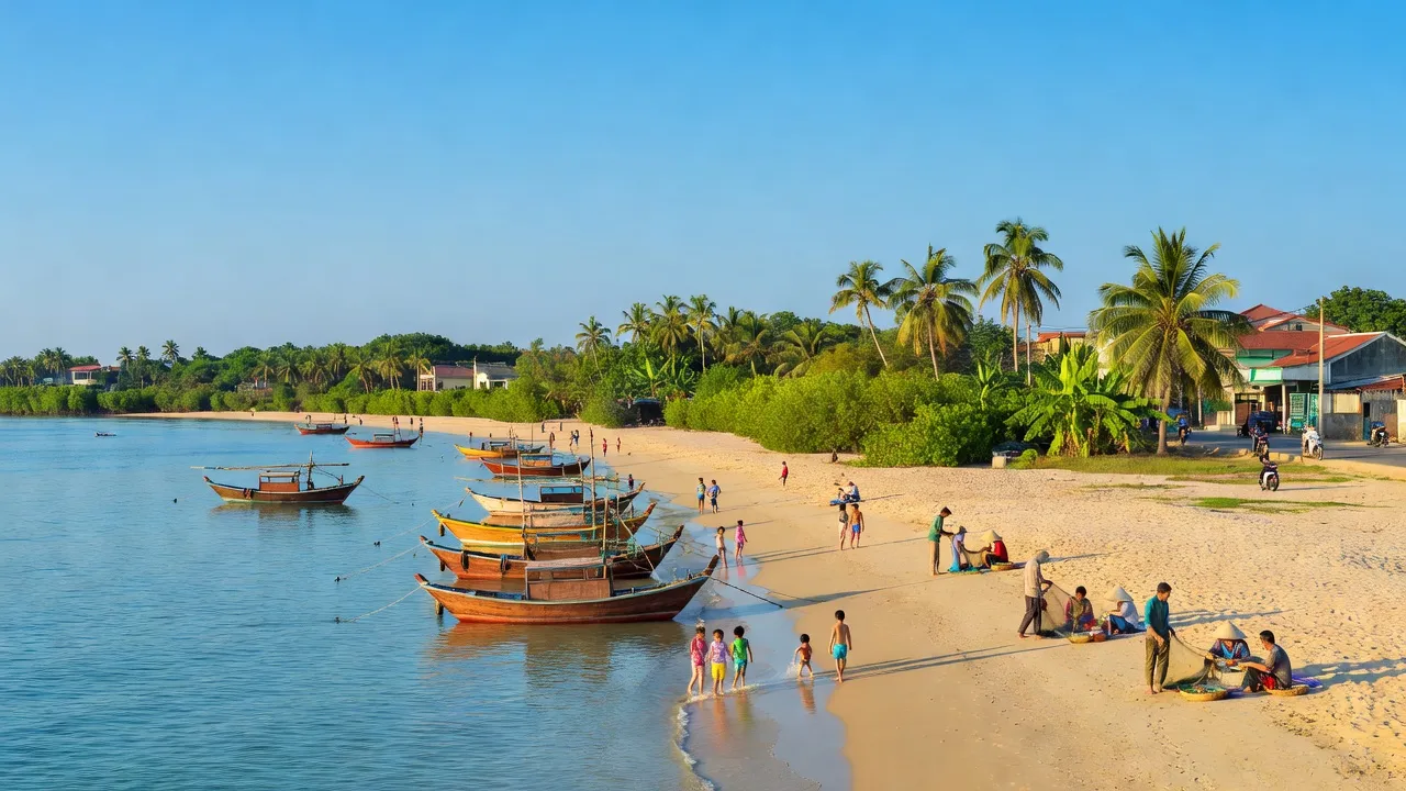 Khung cảnh ven biển đẹp tại xã Xuân Lộc, Thị xã Sông Cầu, tỉnh Phú Yên với bãi cát và cây xanh.