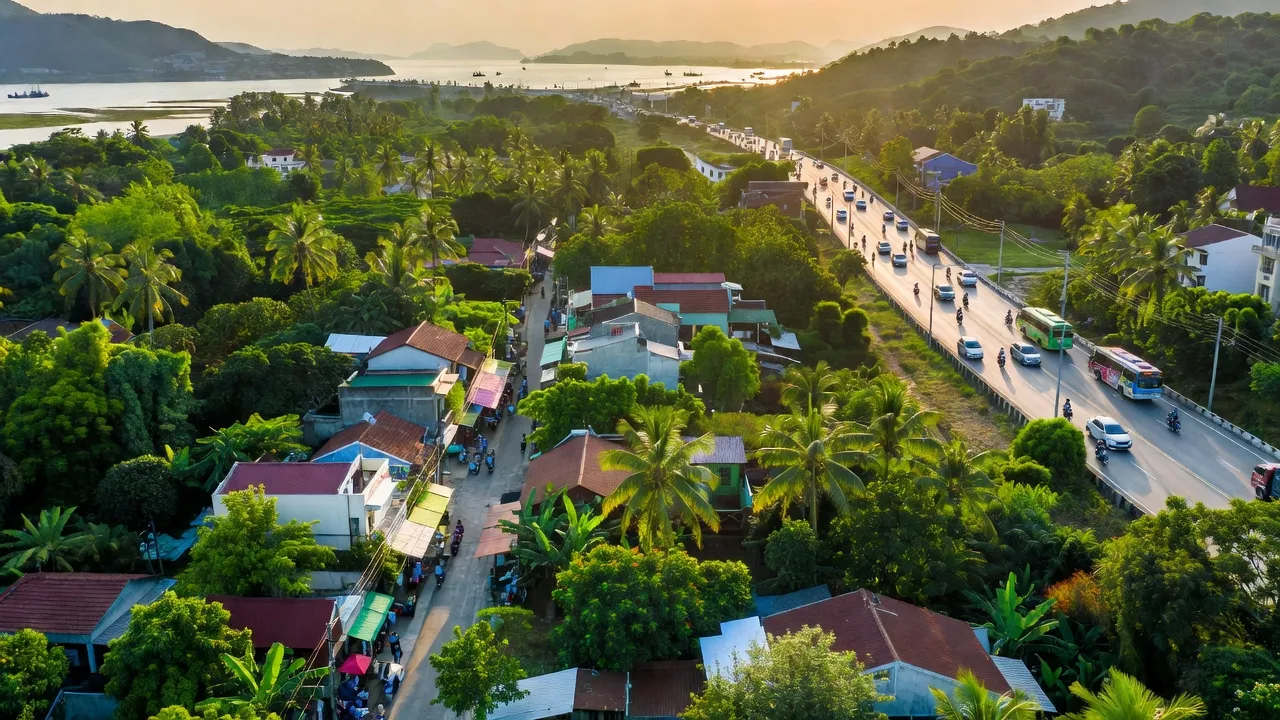 Quang cảnh đẹp Phường Xuân Phú, Thị xã Sông Cầu, Tỉnh Phú Yên với cây xanh và đường quốc lộ.
