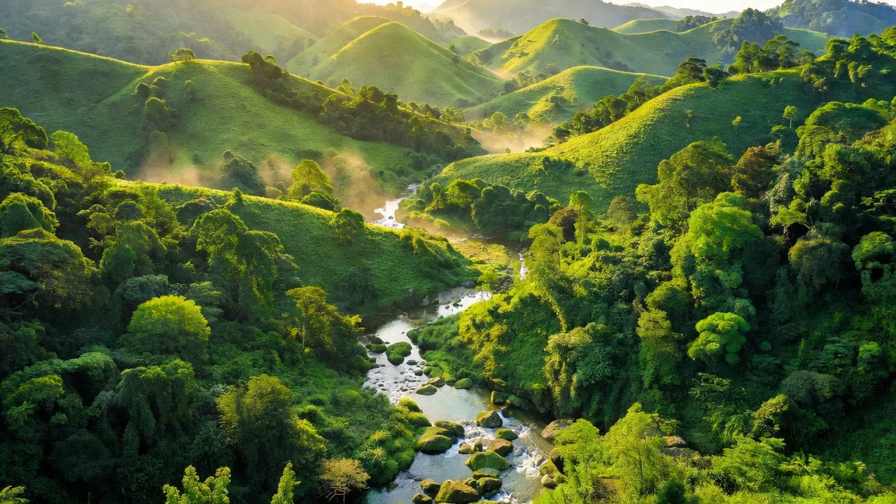 Cảnh quan huyện Sông Hinh, rừng núi xanh tươi và suối trong, Phú Yên, Vietnam.
