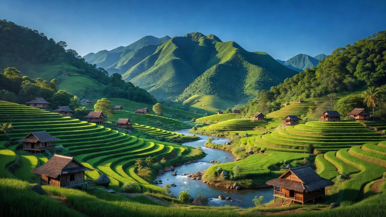 Khung cảnh huyện Sông Hinh tỉnh Phú Yên với núi xanh, ruộng bậc thang và sông suối.