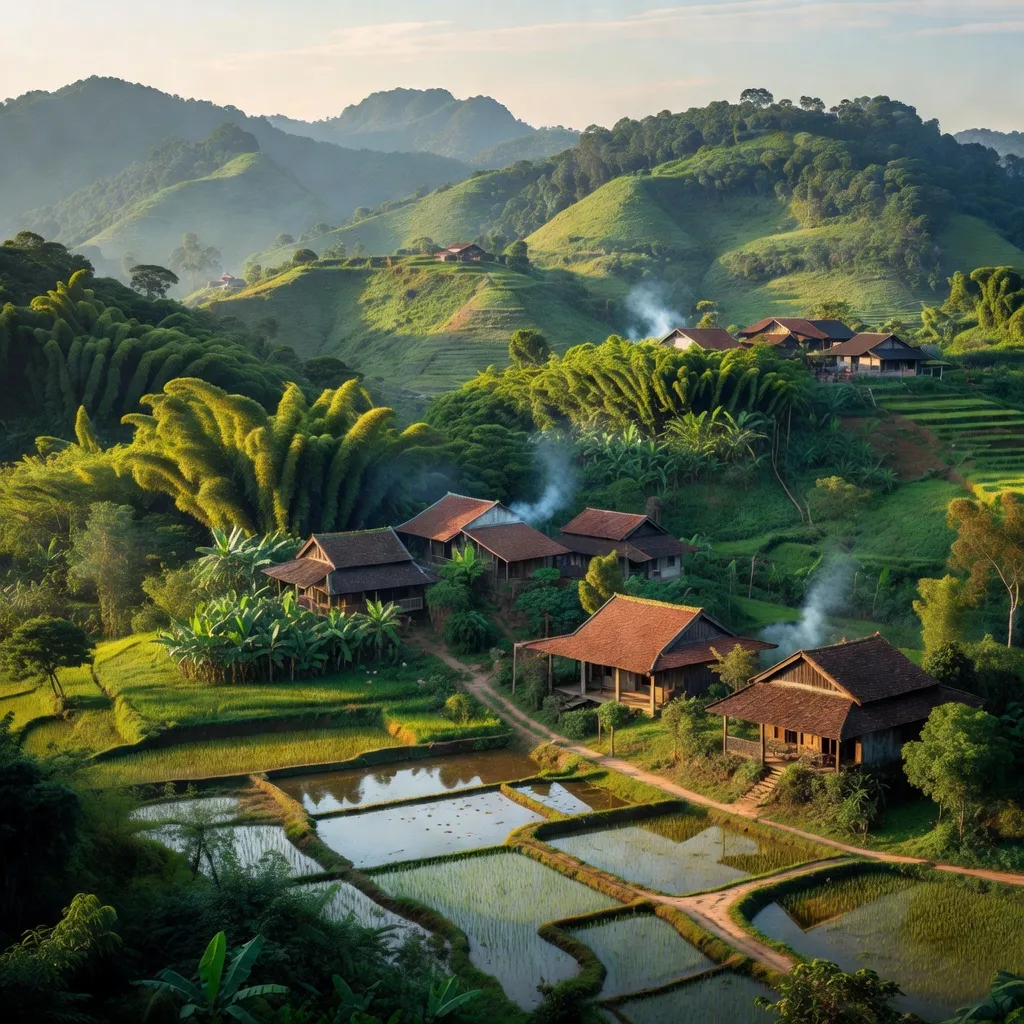 Khung cảnh Đức Bình Tây, huyện Sông Hinh, Phú Yên với nhà truyền thống và thiên nhiên tươi đẹp.