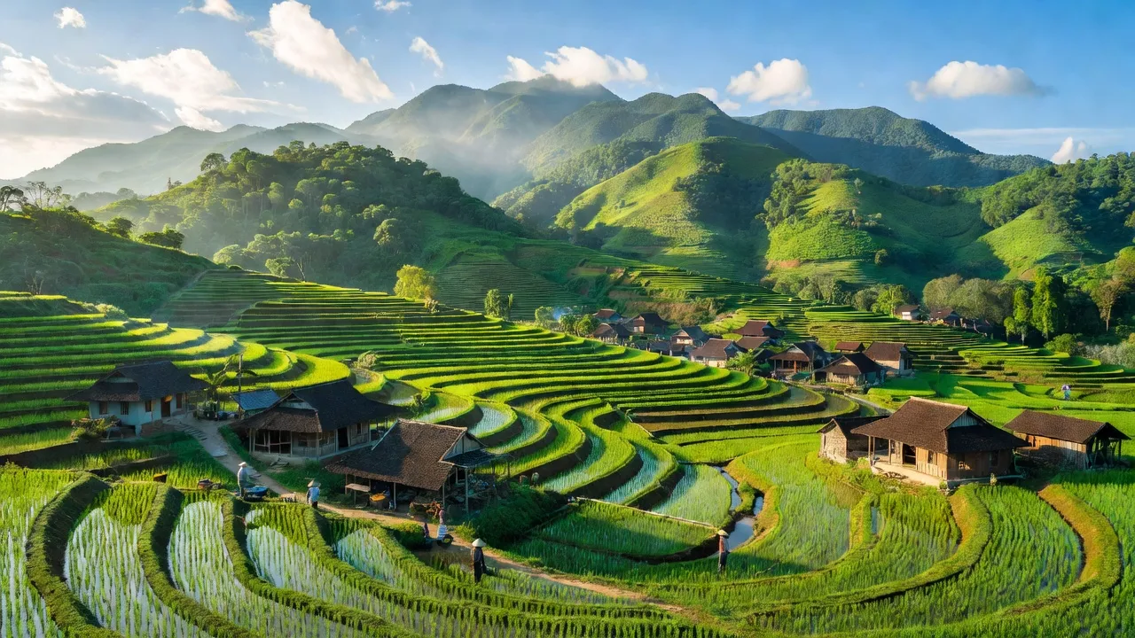 Khung cảnh xã Đức Bình Tây, Huyện Sông Hinh với núi xanh, ruộng bậc thang và nhà truyền thống.