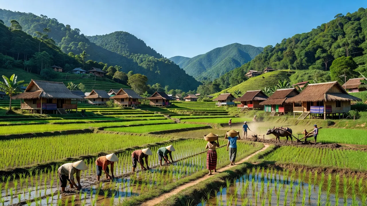 Cảnh quan tươi đẹp của xã Ea Bá, huyện Sông Hinh, Phú Yên với núi xanh và nhà truyền thống.
